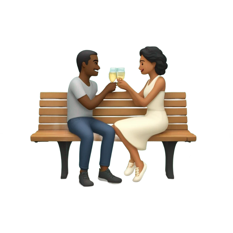 couple sitting closely on a park bench, enjoying a romantic moment. One person is holding a croissant, and the other is holding a glass of Prosecco. Surround them with a relaxed atmosphere, such as greenery or flowers, to create a cozy and intimate vibe emoji