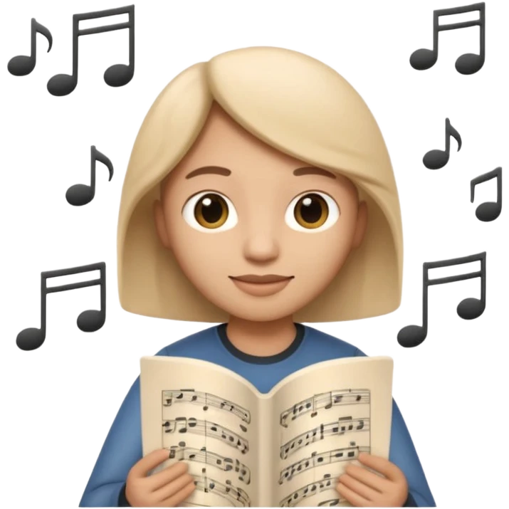 Apple Memoji-style 3D emoji of a composer holding sheet music, soft shading, rounded shapes, no background. emoji