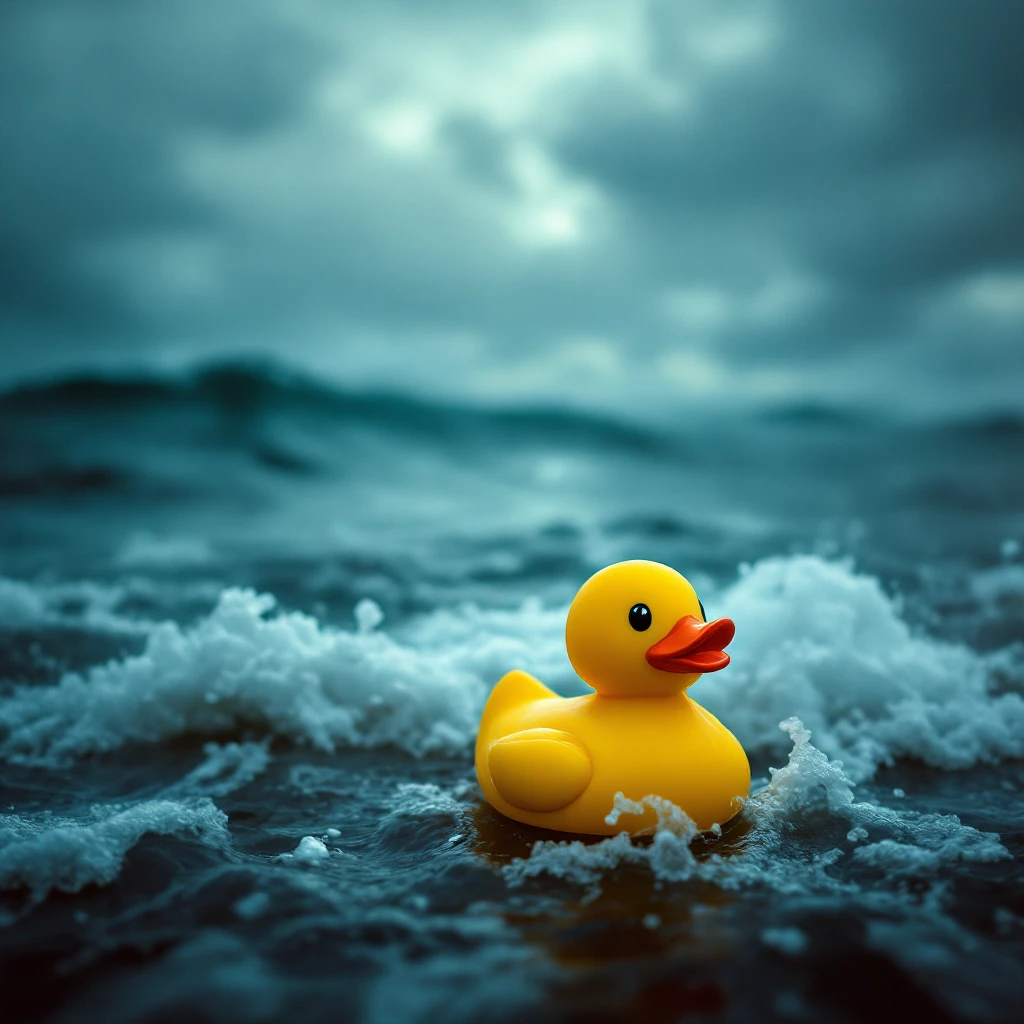  Cinematic still, Extreme Closeup shot of Yellow duck toy on ocean during cloudy day, stormy sea, Camera from top, inspired by interstellar emoji
