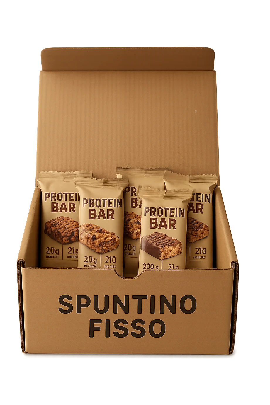 scatola aperta piena di barrette proteiche, con la scritta "SPUNTINO FISSO" SULLA CONFEZIONE in italiano,  realistici emoji