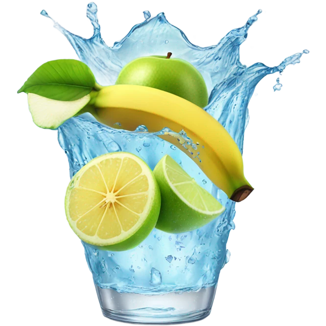 BANANA APPLE LEMON AND LIME WITH ICE CUBES water splash emoji