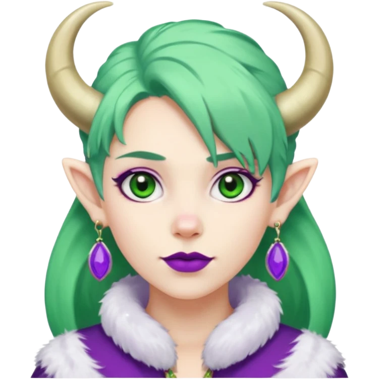 white furred unicorn with green hair and big purple earrings looking into camera and big horn and big earrings emoji