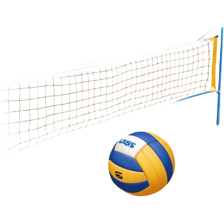 A close-up volleyball net with a ball hovering above it, set against the backdrop of a sandy volleyball court. The scene highlights the tension of an impending play, with the court lines clearly visible and a bright, sunny atmosphere surrounding the action. emoji
