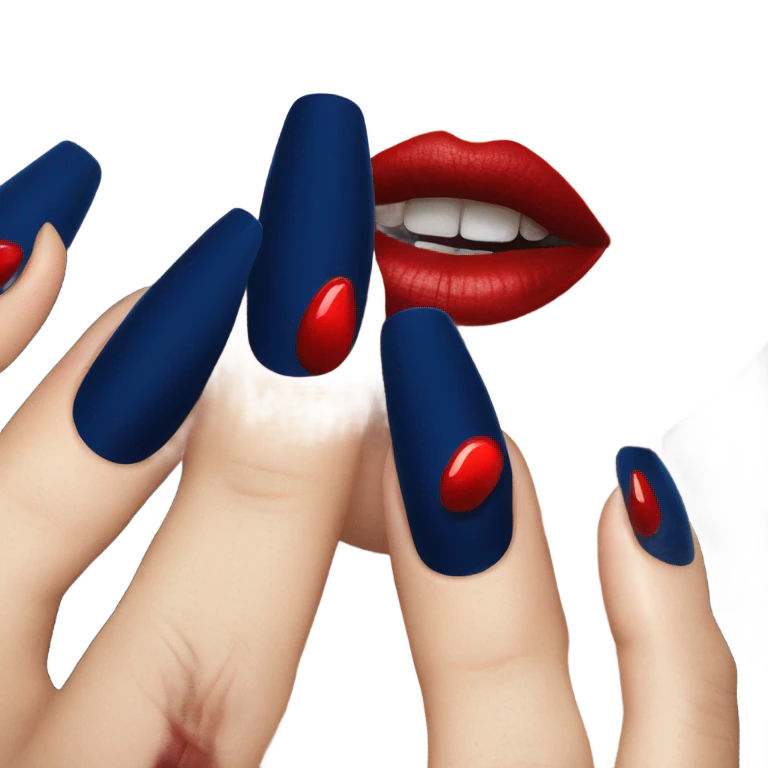 long dark blue manicure at the mouth with red lipstick emoji