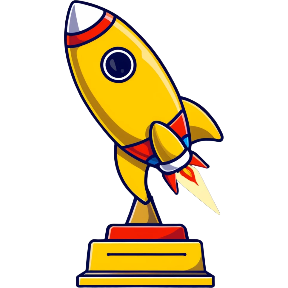 Golden rocket achievement award, shiny gold rocket on a trophy stand emoji