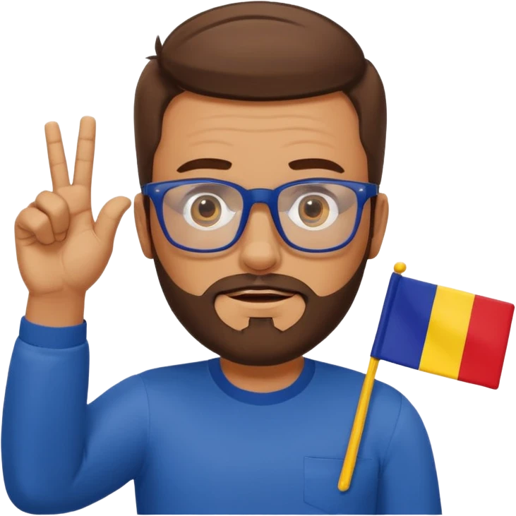 A brown-haired man with a designer stubble beard and rectangle glasses. He shrugs in a "I don't know" gesture, In the background the Romania flag. emoji