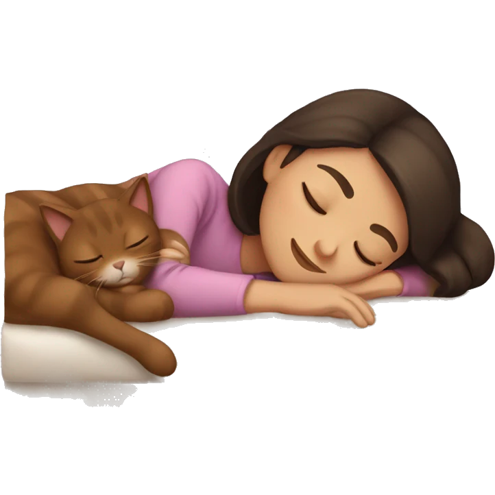 brunette girl sleeping with brown cat emoji