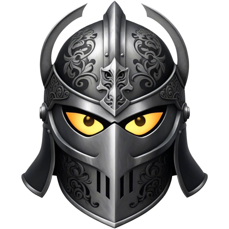 A masked knight with intricate black engravings on his steel helmet, eyes glowing with fury emoji