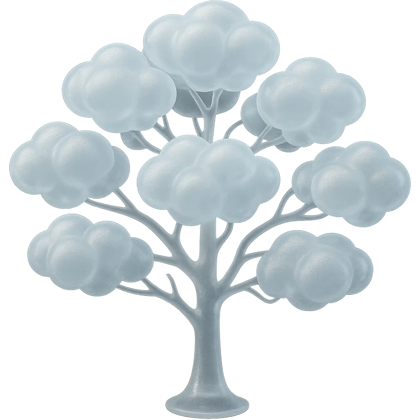 one tree with many branches and a white trunk, crown made of small very bright white fluffy convex clouds, matte glass style emoji