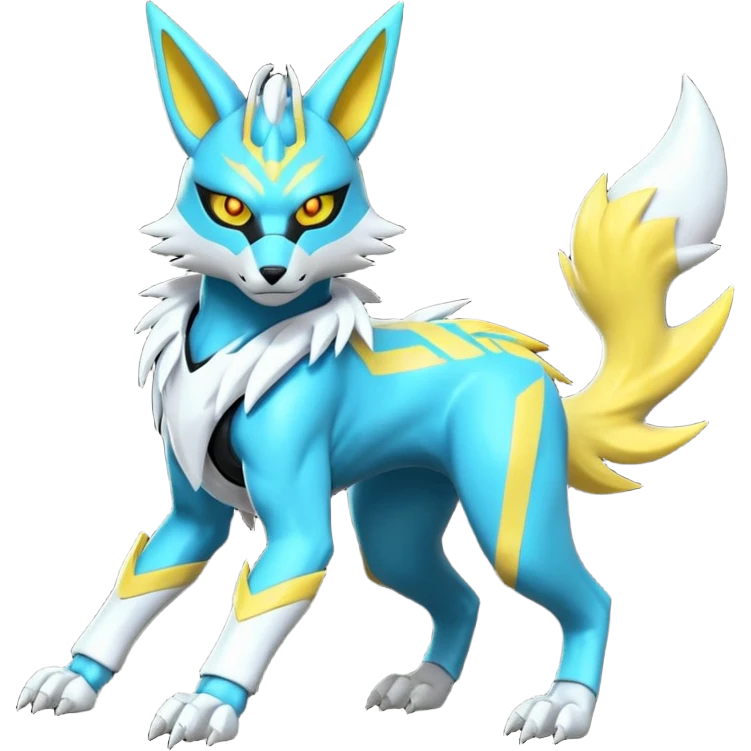 Shiny cyan yellow white electric complex futuristic white-cyber-masked Zeraora-Renamon-Electrike-Umbreon-Lombax-Weregarurumon-fusion-creature (full body emoji