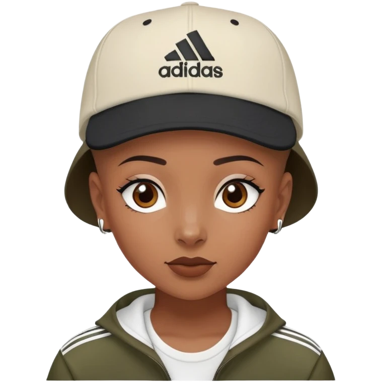 Shaved head girl wearing SnapBack  wearing sambas ti emoji