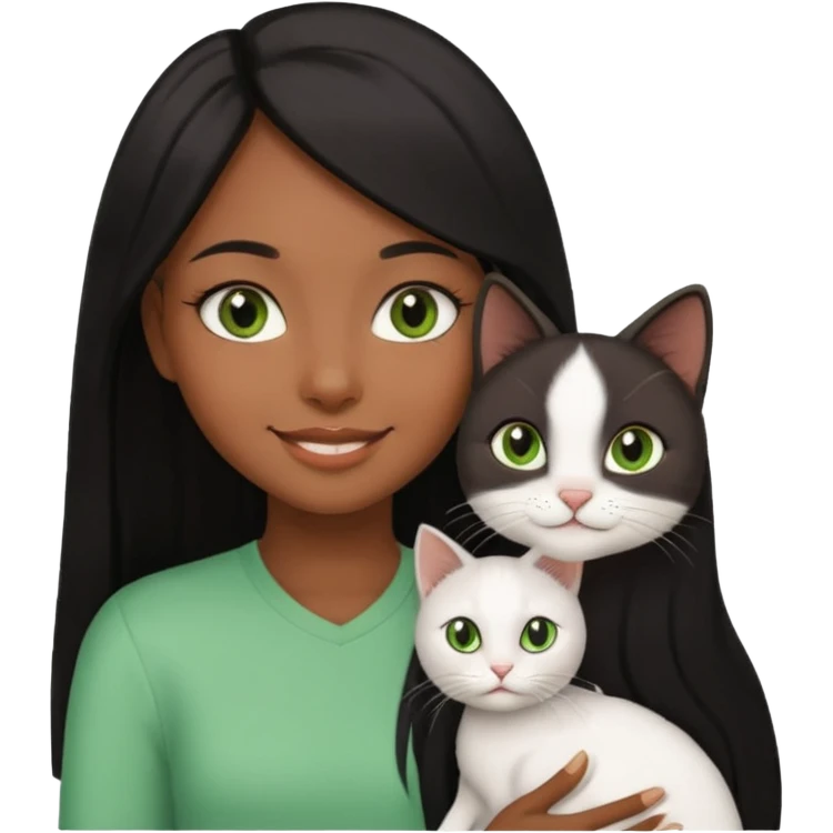 black girl with brown eyes with straight long black hair with a side part.  holding a female white cat with green eyes emoji