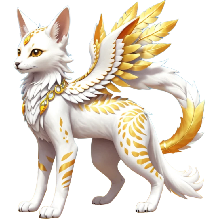 Epic complex fantasy glorious detailed futuristic divine godly angelic feathery sunny, white, albino, pastel, golden, orange glowing sparkly, realistic Fakémon-Sprigatito-Floragato-Meowscarada-Trico-Sergal-Serval-Solgaleo-Vernid-creature (full body) solarpunk, shiny sparkly with a gold laurel emoji