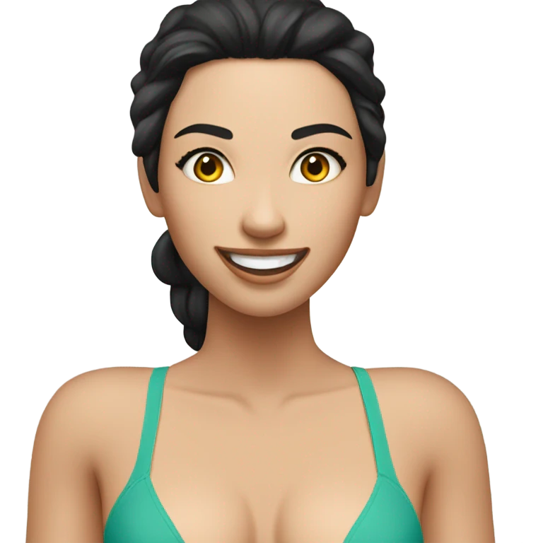 A beautiful vivacious, very full-bodied swim swimsuit, model with black hair and pale skin with a large smilet emoji