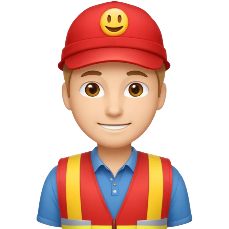 flat vector emoji character, friendly store associate with red vest and cap, soft smile, neutral stance, clean and minimal, no text or logos emoji