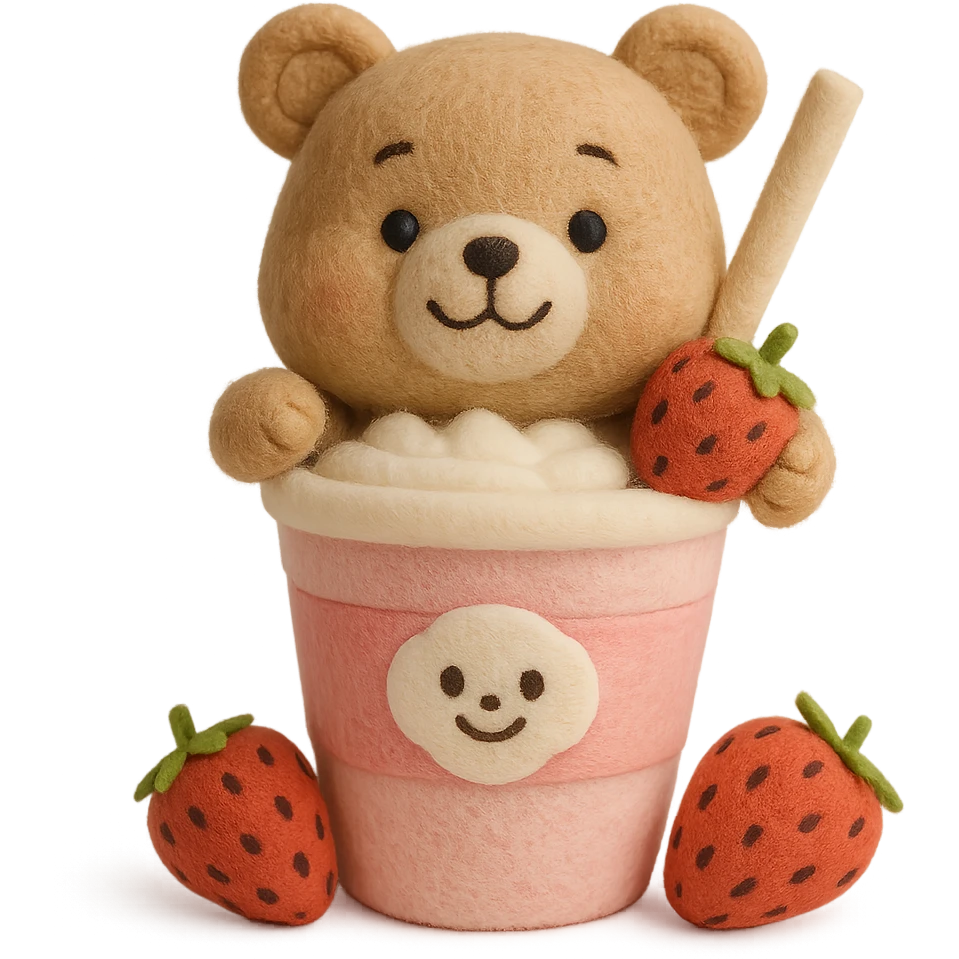 Remove the cherry blossom flowers, keep the pastel 3D iOS style milkshake cup with a straw, smiling bear peeking out, two strawberries, soft shadows, minimal look, with no background. emoji