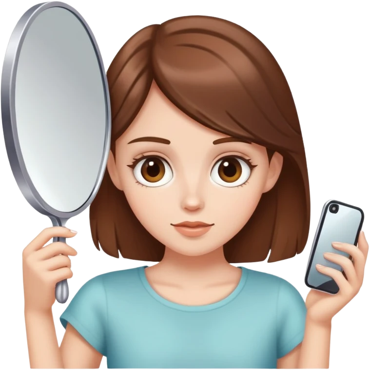 White girl with brown hair looking in a handheld mirror emoji