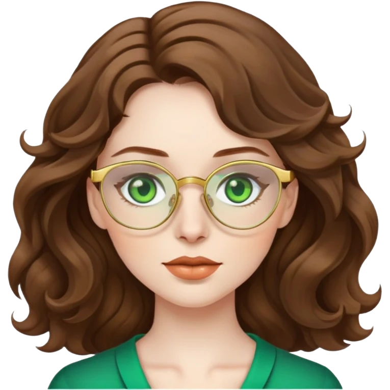 woman with pale skin, brown wavy hair, green eyes, gold glasses emoji
