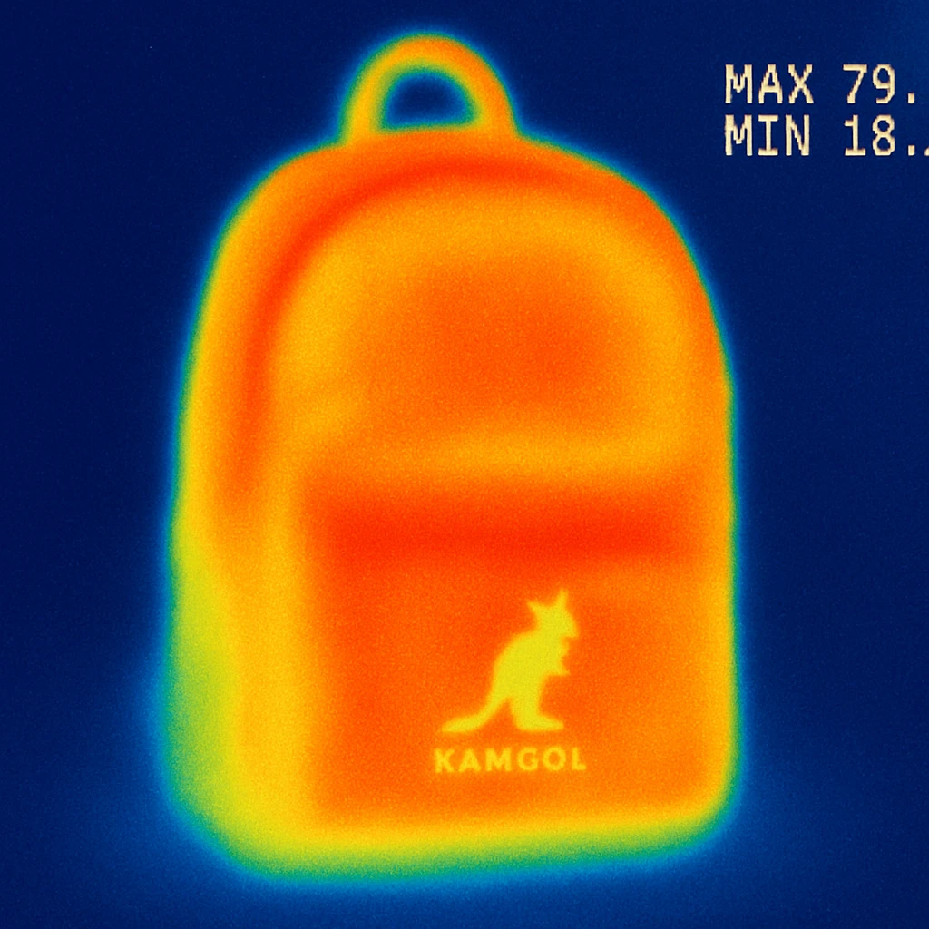 A Kangol backpack with small logo emoji