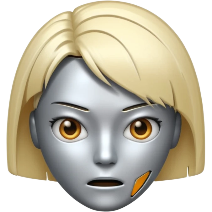 Robot emoji with angry facial expression, make it look comically robotic (closer to Robot than Human), it should have human-like hair, in a short tapered asymmetric bob shape emoji
