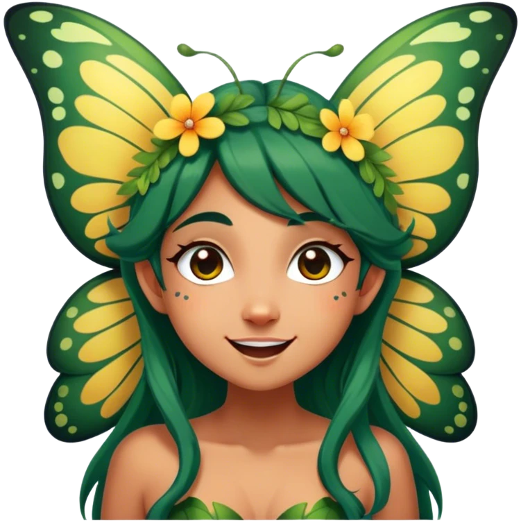 Cinematic Realistic Forest Fairy Portrait, head tilted dramatically with an exaggeratedly amused expression, featuring a striking, nature-infused form with glowing, sun-kissed tanned skin and vividly detailed dark green hair adorned with floral accents. Her expressive eyes brim with playful forest mischief, rendered with vibrant, lifelike textures and dynamic dappled lighting that conveys a spirited, over‐the‐top woodland whimsy showing her large butterfly wings from her back. emoji
