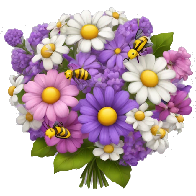 Beautiful bouquet of flowers purple pink white yellow with bees emoji