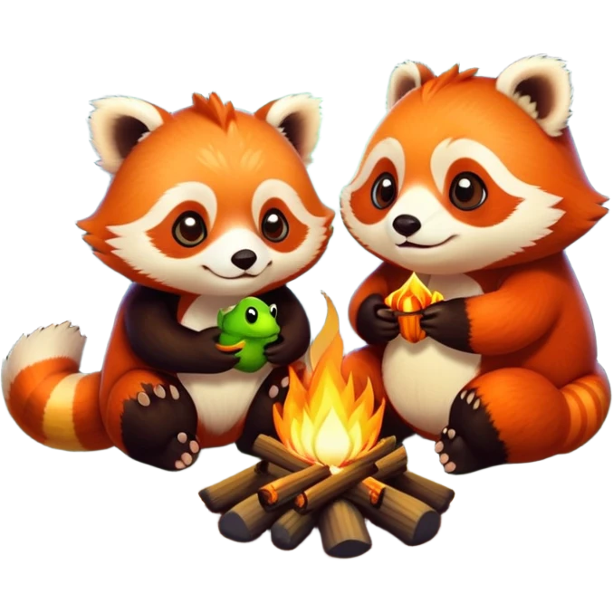 red panda and frog cuddled up by a glowing campfire emoji