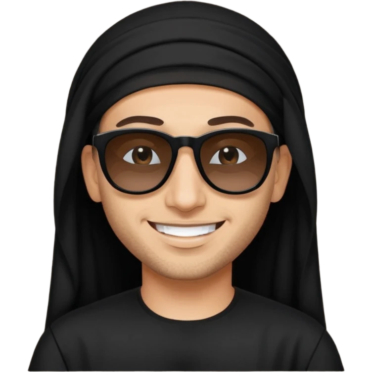 Un árabe con tu ropa negra y con gafas de sol negras que sonria emoji