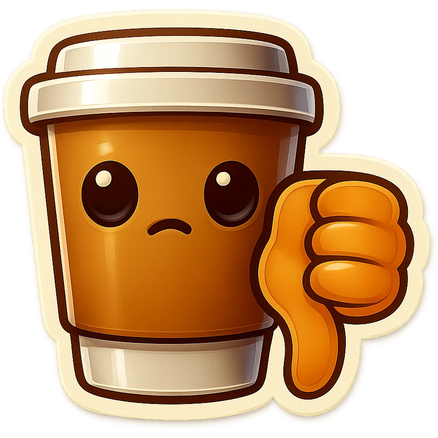 Tall coffee cup, no mouth, big thumbs down emoji