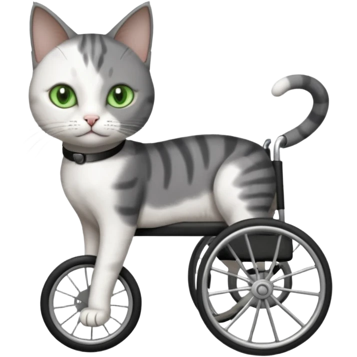 full body small short hair dark grey and white cat with green eyes walking in a wheelchair for cats emoji