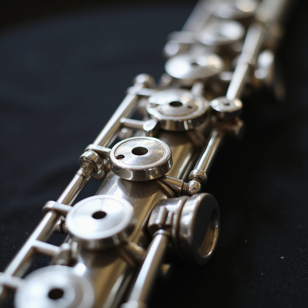 close-up of silver flute showing keys and mouthpiece, realistic metal texture, no person, band instrument, plain background emoji