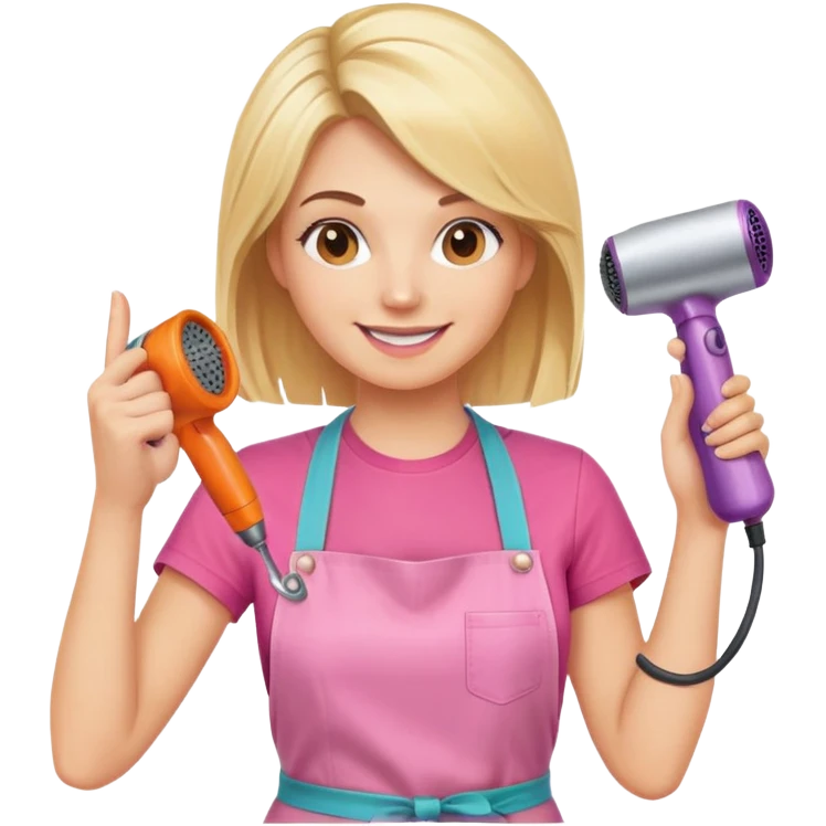 smiling blonde woman hairstylist wearing pink t-shirt and orange apron, hands raised, holding scissors and hairdryer clearly visible emoji