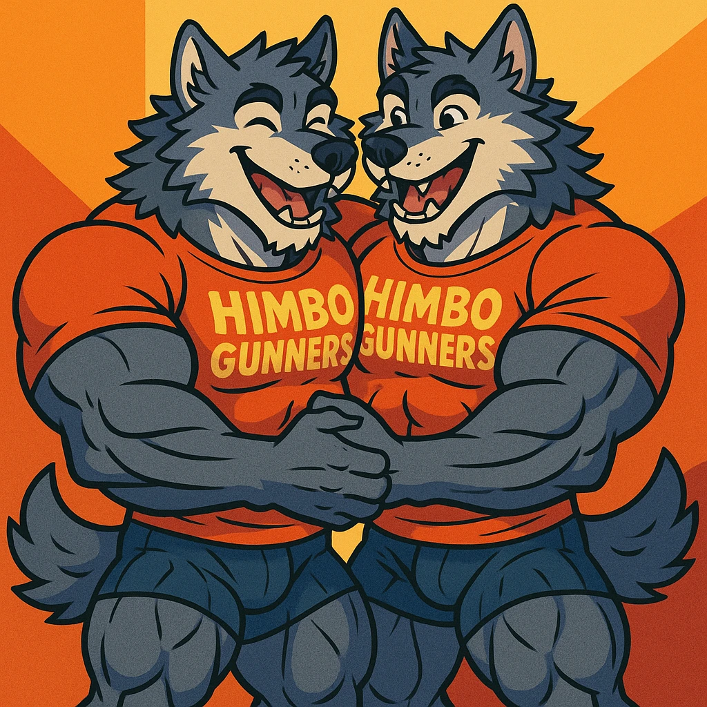 two extremely muscular wolf furries wearing 'Himbo gunners' t-shirts, hugging each other, friendly and joyful expressions, very detailed fur and anatomy, exaggerated and highly detailed muscles, high quality emoji