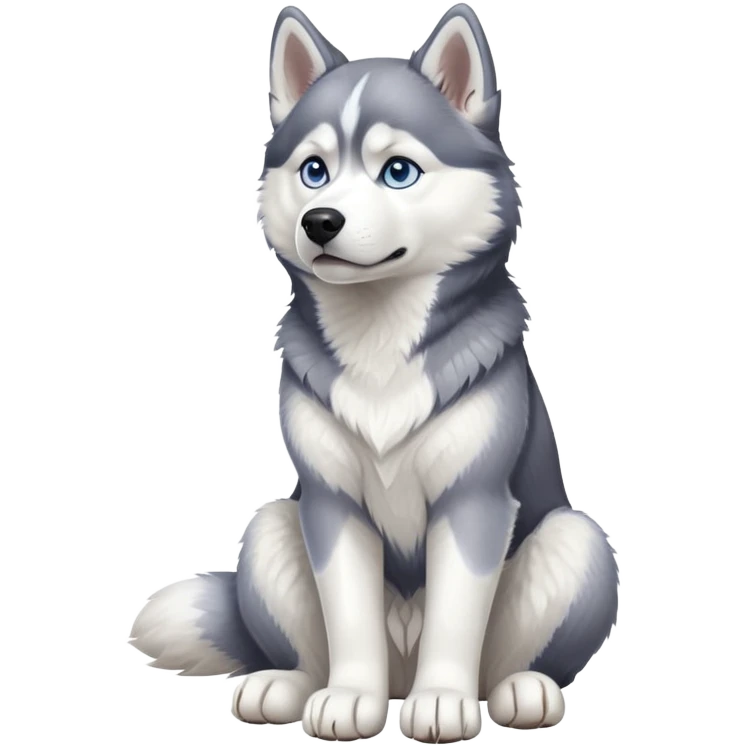 cinematic-[siberian husky]-realistic-full-body-sitting-emoji,-tail-resting-loosely-beside-its-paws,blue eyes-head-tilted-dramatically, -fluffy-[grey and white]-fur,-simplified-yet-realistic-focused-features,-highly-detailed,-glowing-with-an-almost-sarcastic-glow emoji