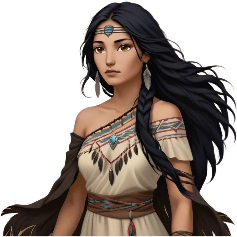 Cinematic Realistic Pocahontas Portrait, depicted with lifelike skin texture, soft natural lighting, and intricately detailed long, flowing raven-black hair that moves gracefully in the wind. Her deep, soulful dark brown eyes exude wisdom and strength, complemented by a serene yet powerful expression. She is dressed in her classic one-shoulder native american dress, with rich fabric textures and delicate beaded details that catch the light beautifully. The portrait features a soft, sun-kissed glow with a natural, radiant finish, capturing the essence of untamed beauty and deep connection to nature in a realistic and painterly style, evoking a sense of depth and authenticity. emoji