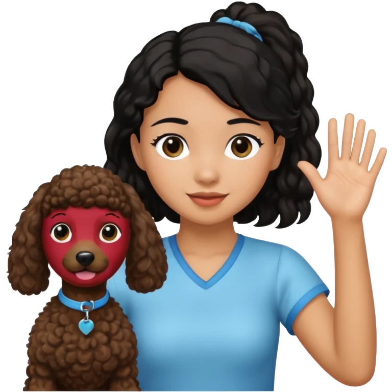 Ponytail black hair girl with brown Poodle say goodbye  emoji