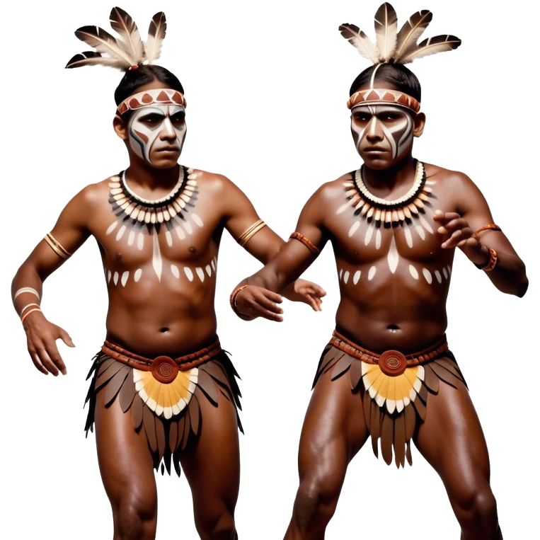 Cinematic Realistic scene of two indigenous male aboriginals performing an Aboriginal Corroboree, adorned in traditional body paint, captured in fluid motion with earthy tones and vibrant, cultural lighting emoji