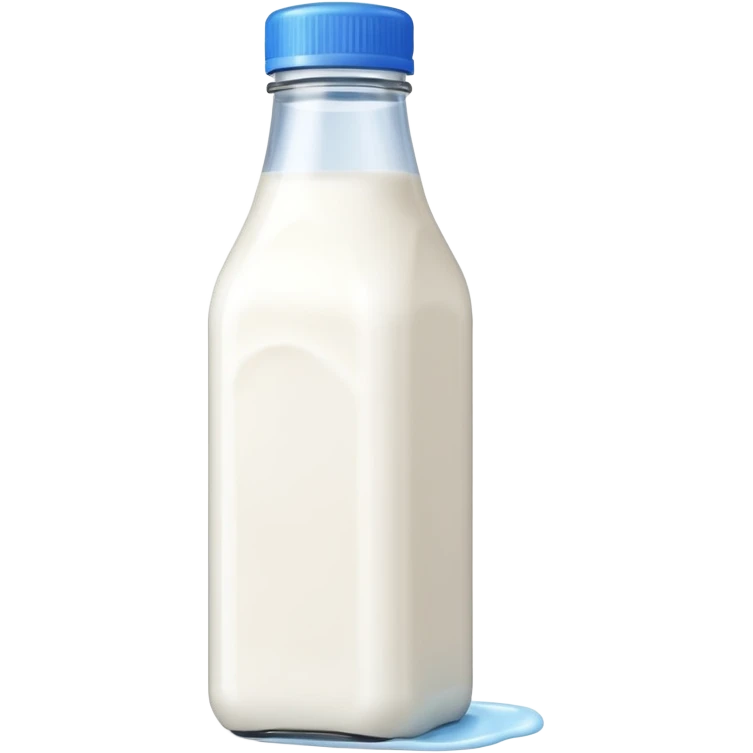 A 3D cartoon bottle of milk with white liquid, blue cap, clean reflections, Memoji-style. emoji