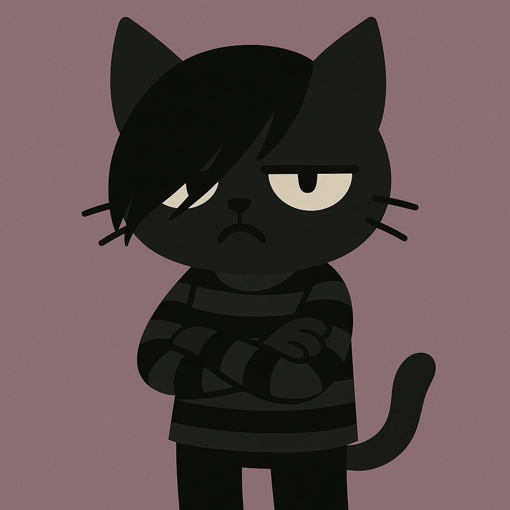 flat toon style emo kitty with side-swept bangs, striped shirt, moody pose emoji