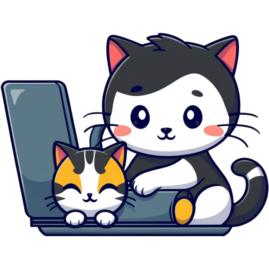 a girl working at a computer with a cat curled up next to the computer emoji