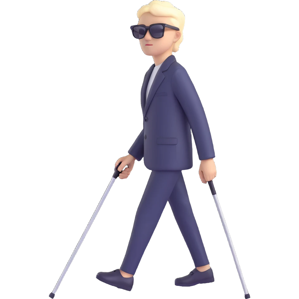 A blind person walking outdoors during the day, holding a single white cane in one hand. The person is wearing sunglasses and walking confidently. Emphasize that there is only one cane emoji
