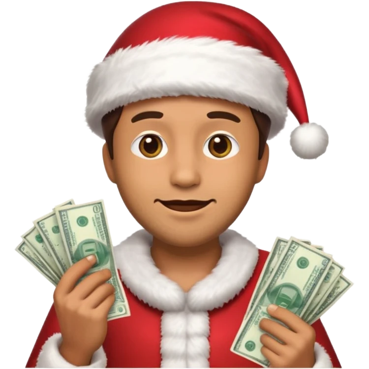 A confident rich emoji face wearing a Santa hat, money stacks, casino vibe, New Year theme, premium 3D emoji style, sharp details, no text, isolated on transparent background emoji
