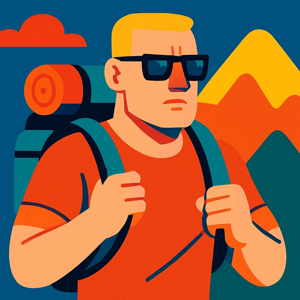a bold man, ultra short hair, squared dark glasses, blue eyes, with a backpack, traveler, vibrant toon style emoji
