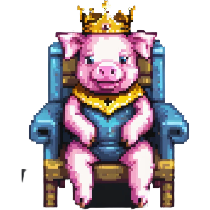 ultra-minimal pixel art pig with a golden crown sitting on a throne, blocky and square like Minecraft, inspired by Technoblade emoji