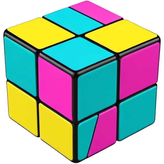 A 3x3 Rubik's Cube with 90s American graffiti-inspired colors, black edges, viewed from an angle, neon yellow, teal, and magenta emoji