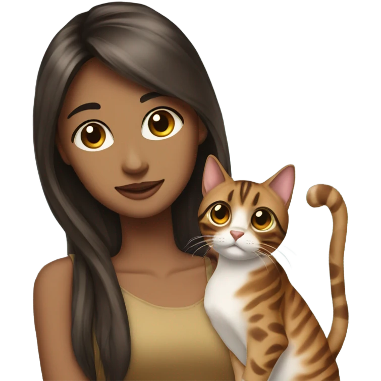 Beautiful woman long dark brown hair Straight bangs hug bengal cat emoji