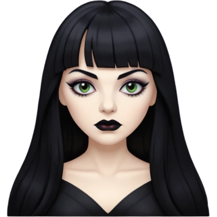 vampira mulher branca com cabelo preto longo com franja acima da sobrancelha e lábios com batom preto emoji