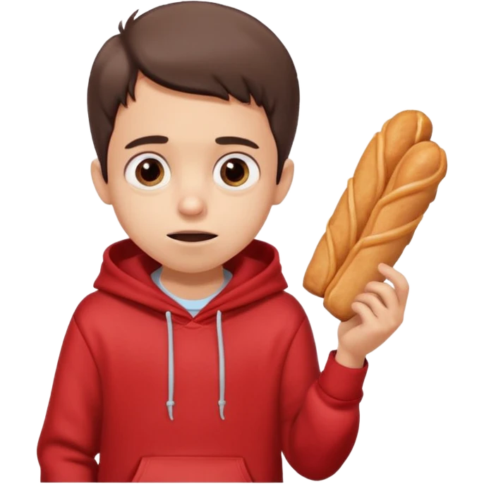 ute funny Spanish cartoon boy named Peque Tito, red hoodie, denim shorts, big expressive eyes, holding a churro, Pixar-style, viral character.” emoji