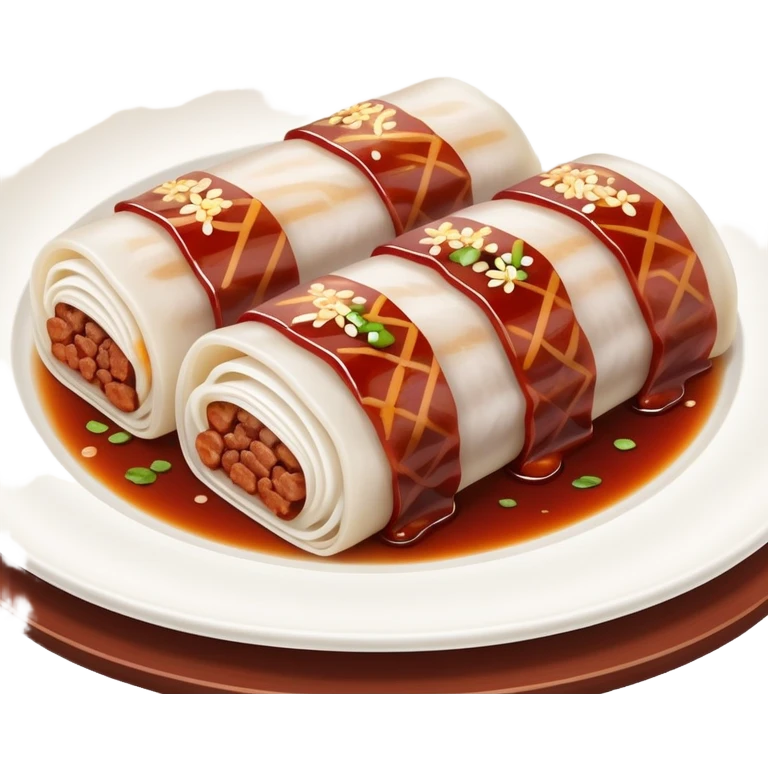 BBQ pork rice noodle roll Char Siu Cheung Fun with reddish meat filling, simplified emoji style with bold outlines and bright colors, cartoon style Guangdong breakfast favorite emoji