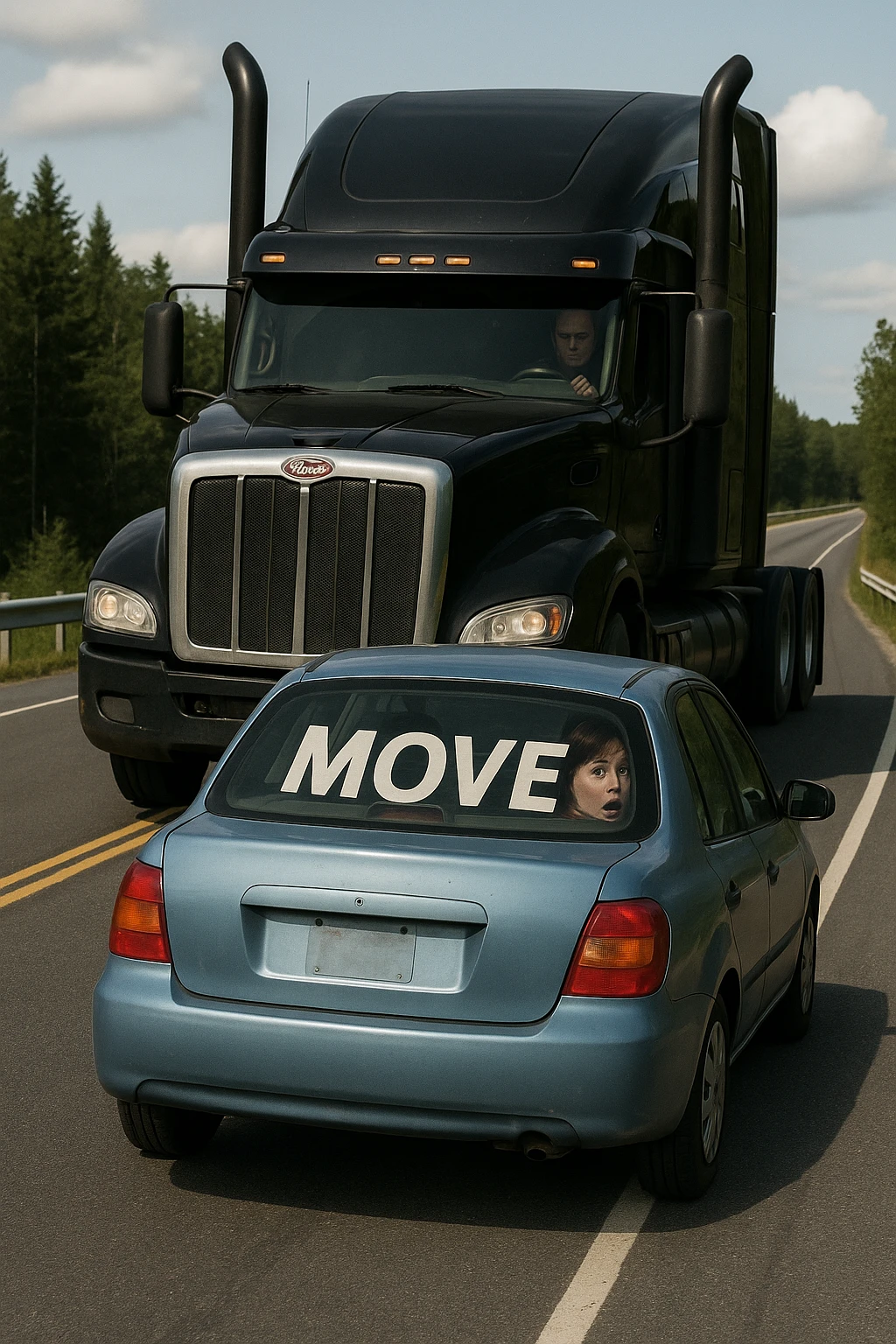 Change the semi truck to black, keep the rest of the scene the same, in a realistic style. emoji